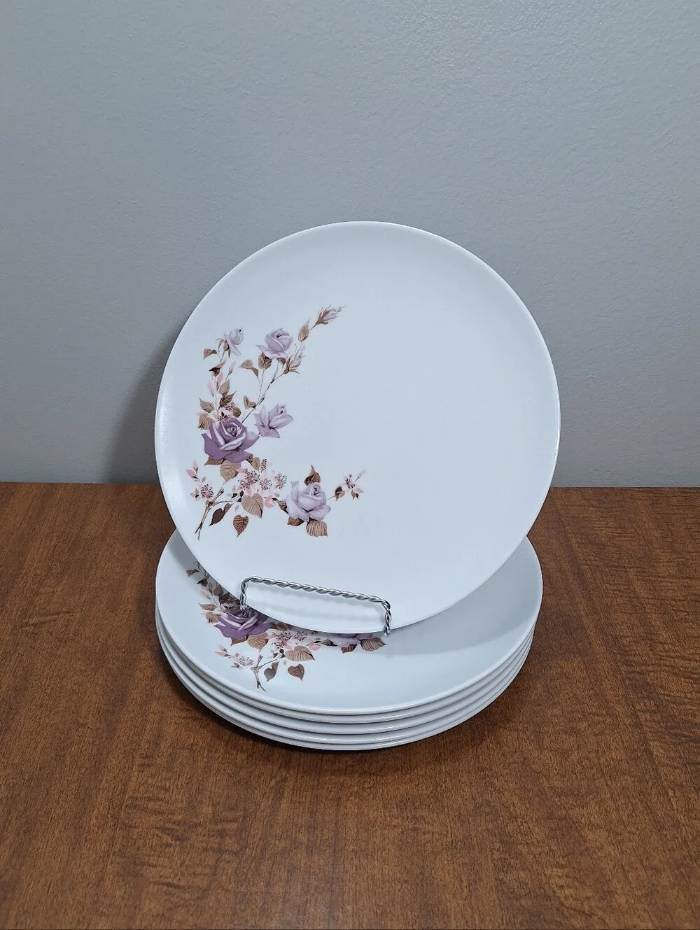 Vtg Set Of 6 Park Avenue Melmac 10 In Dinner Plates Atomic Lavendar Roses Floral